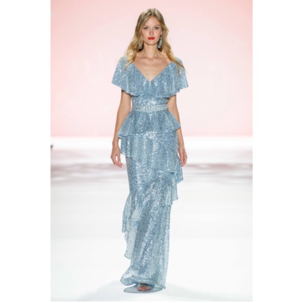 NWT Badgley Mischka light blue sequin tiered layered flouncy maxi dress 4 belted